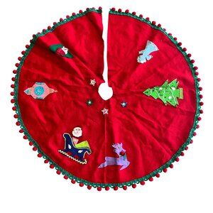 Vintage Handmade Felt Christmas Tree Skirt // Red & Green Pompom Trim